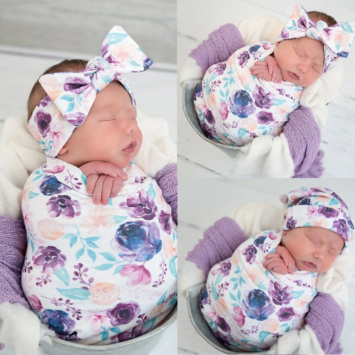 Baby Swaddle Blanket & Headband & Hat