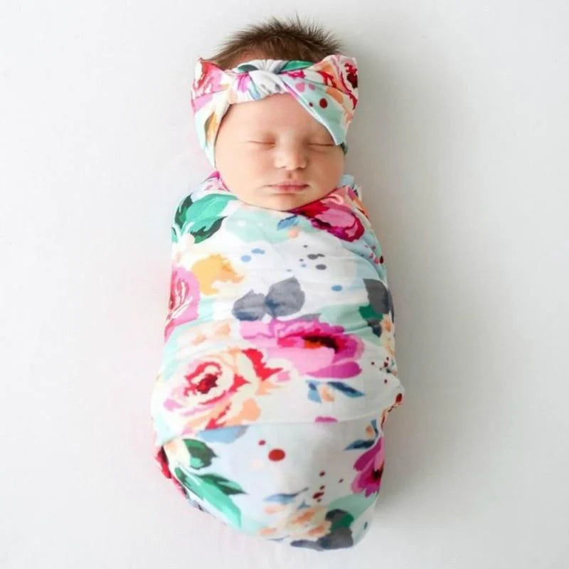 Baby Swaddle Blanket & Headband & Hat