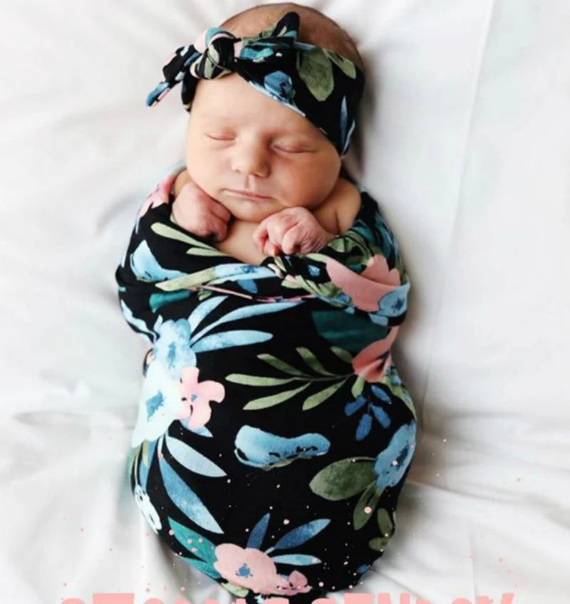 Baby Swaddle Blanket & Headband & Hat